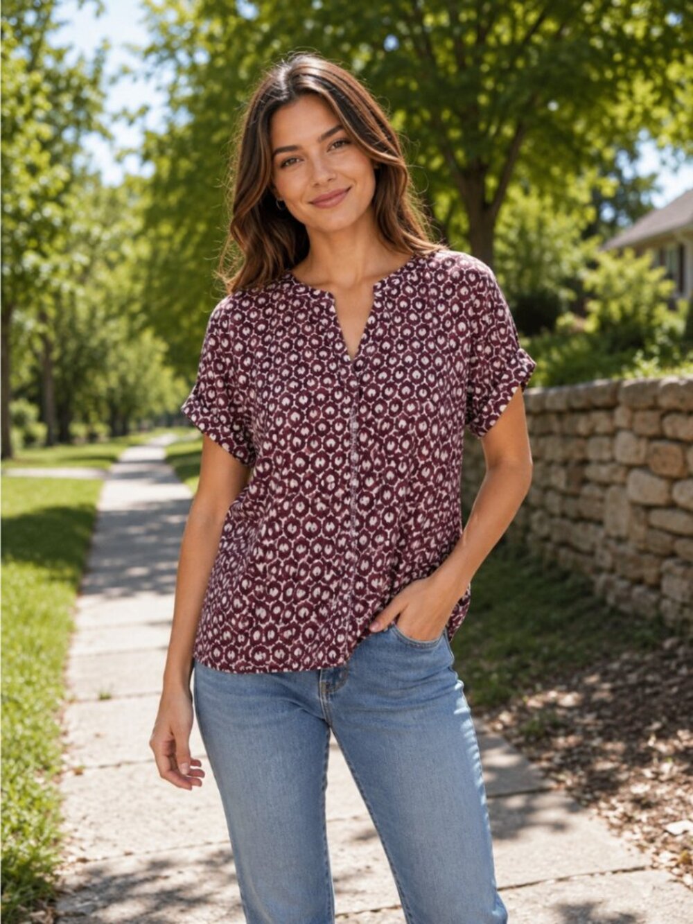 L.L.Bean Womens Burgundy White Geometric Print Tunic Top Short Sleeve Size S